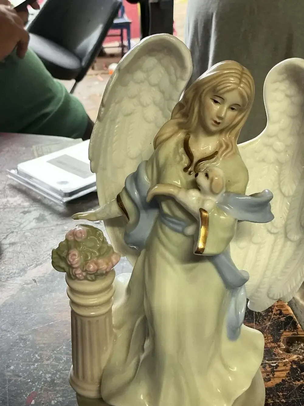 Musical Angel Figurine with Cat and Rose Bouquet, Plays Joy to the World